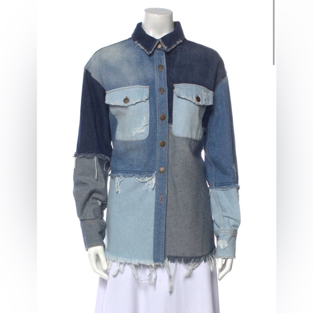Retrofête Patchwork Distressed Denim Jacket - Blue - image 1